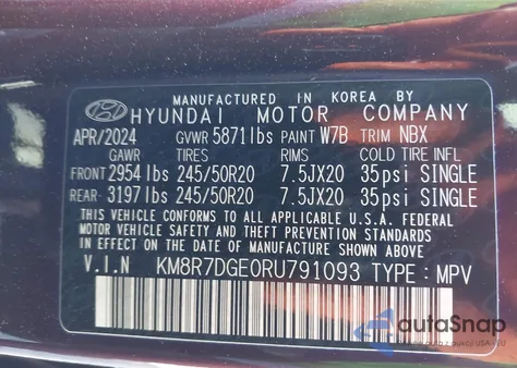 2024 Hyundai Palisade Calligraphy z USA, uszkodzony, nr VIN KM8R7DGE0RU791093
